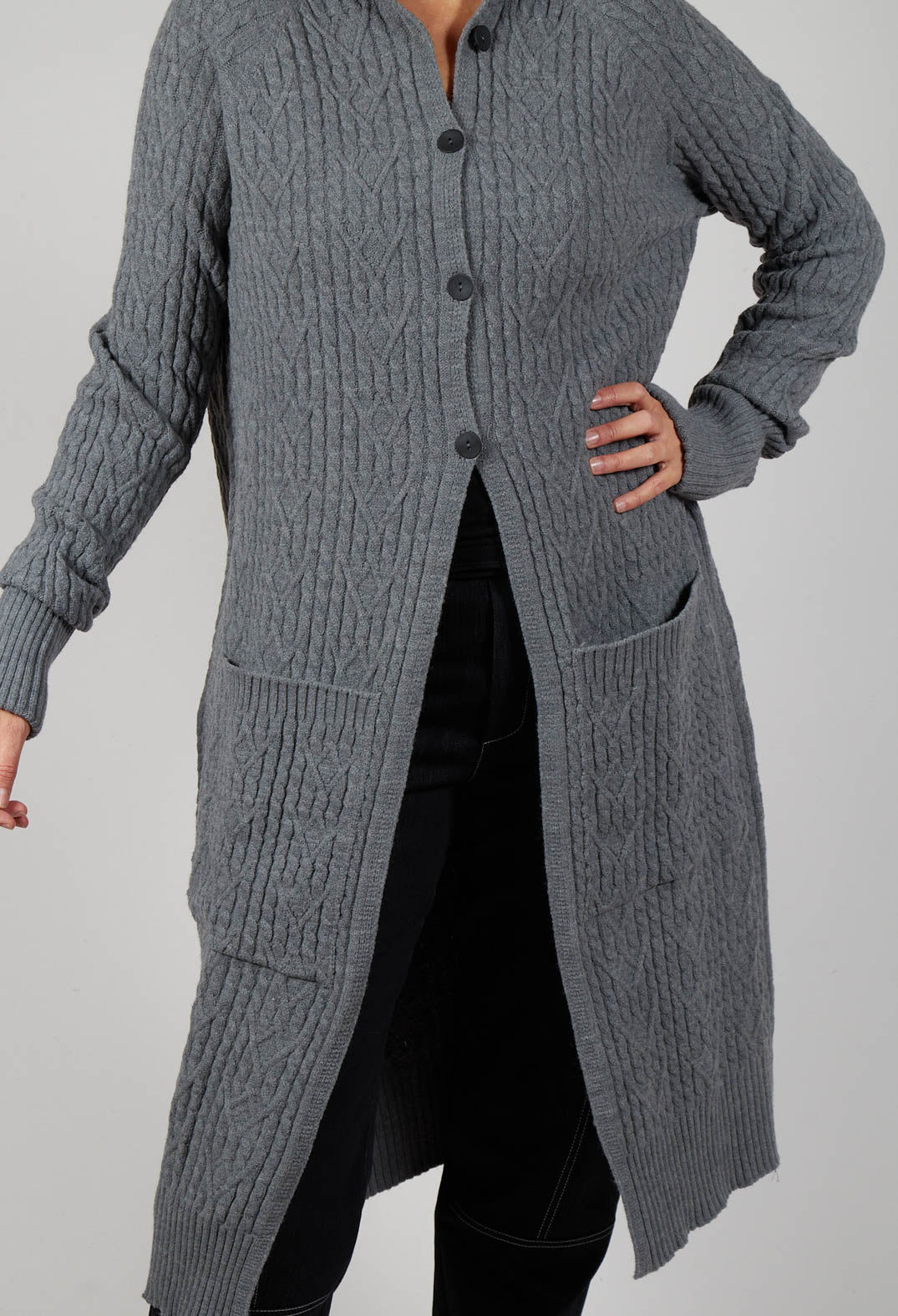 Cable Knit Long Cardigan in Steel Grey