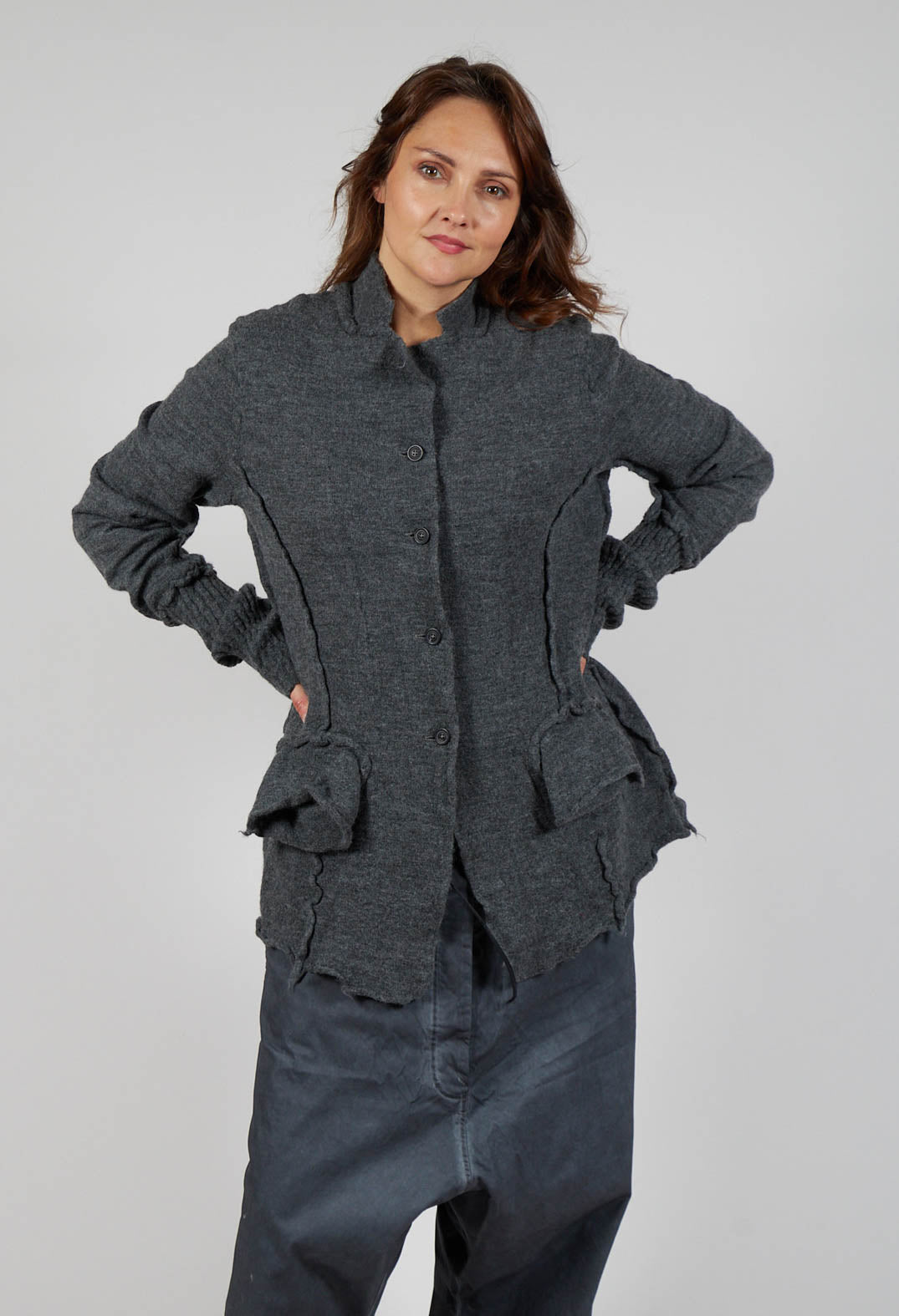 Cardigan with Upturned Collar in Coal Mel