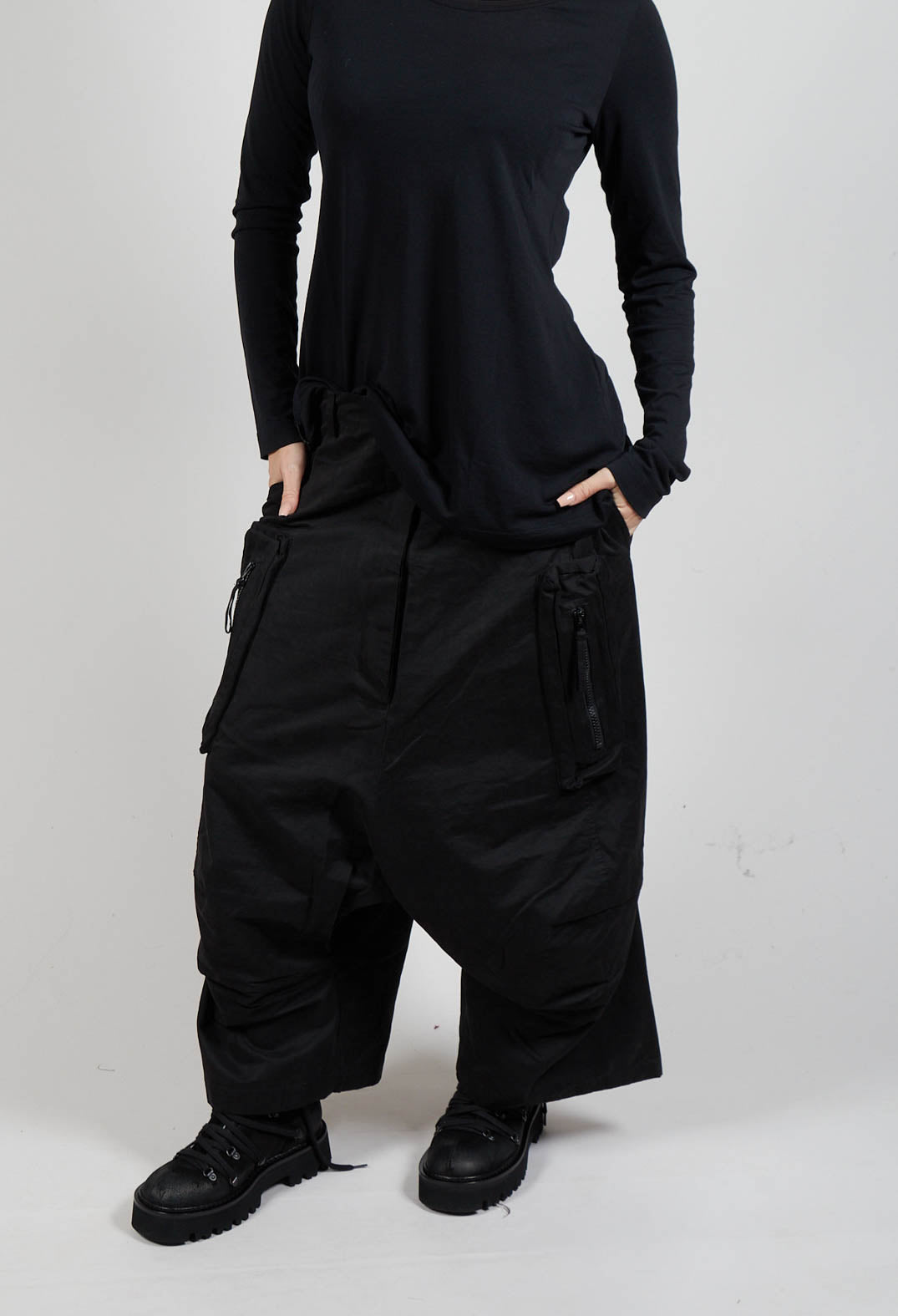 Cargo Style Drop Crotch Trousers in Black