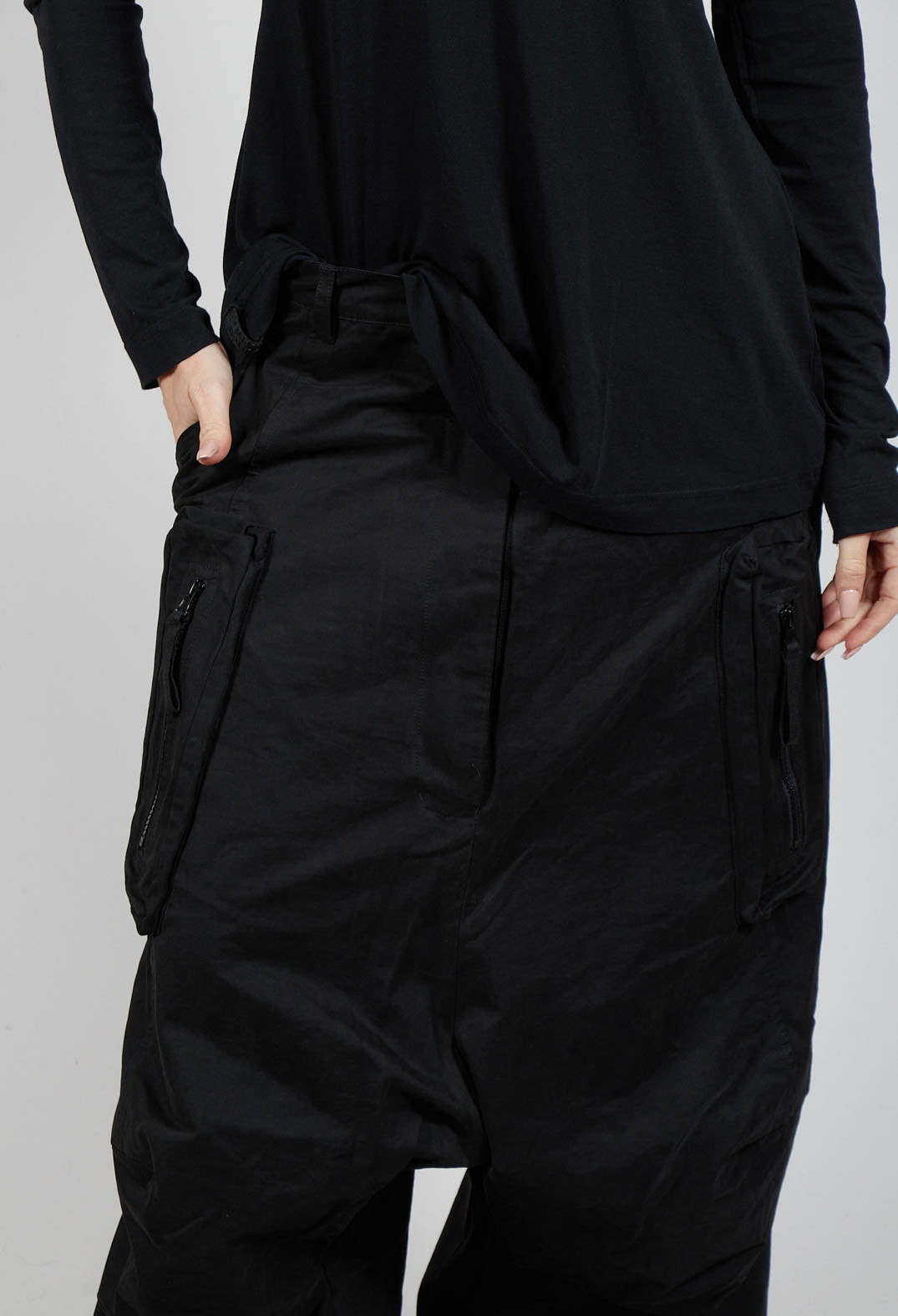 Cargo Style Drop Crotch Trousers in Black