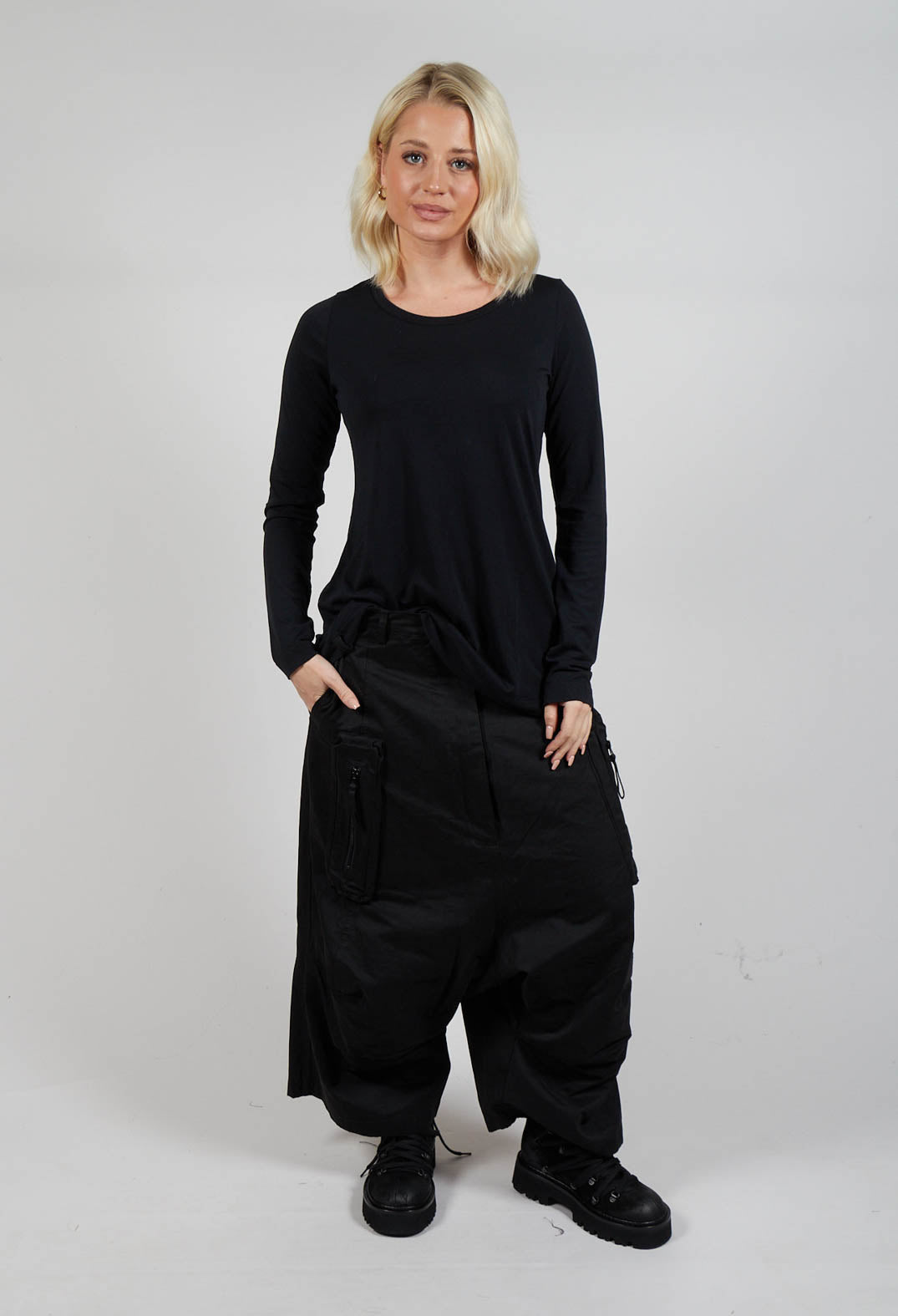 Cargo Style Drop Crotch Trousers in Black