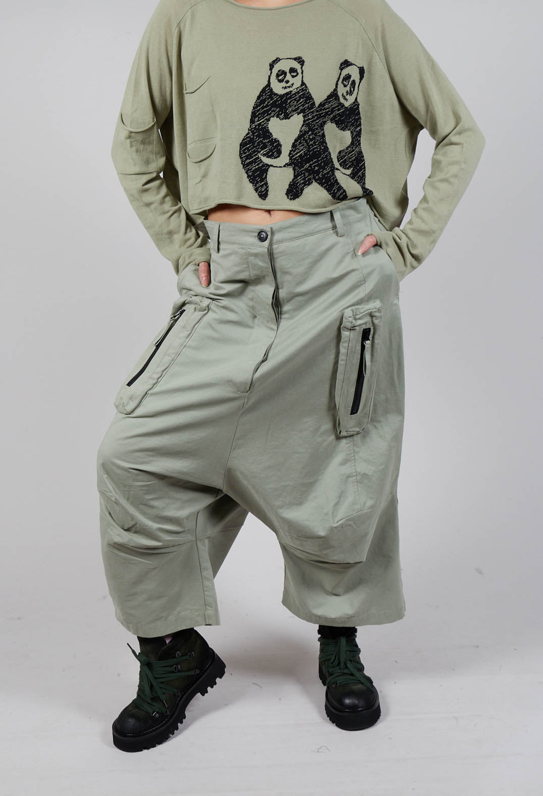 Cargo Style Drop Crotch Trousers in Defender