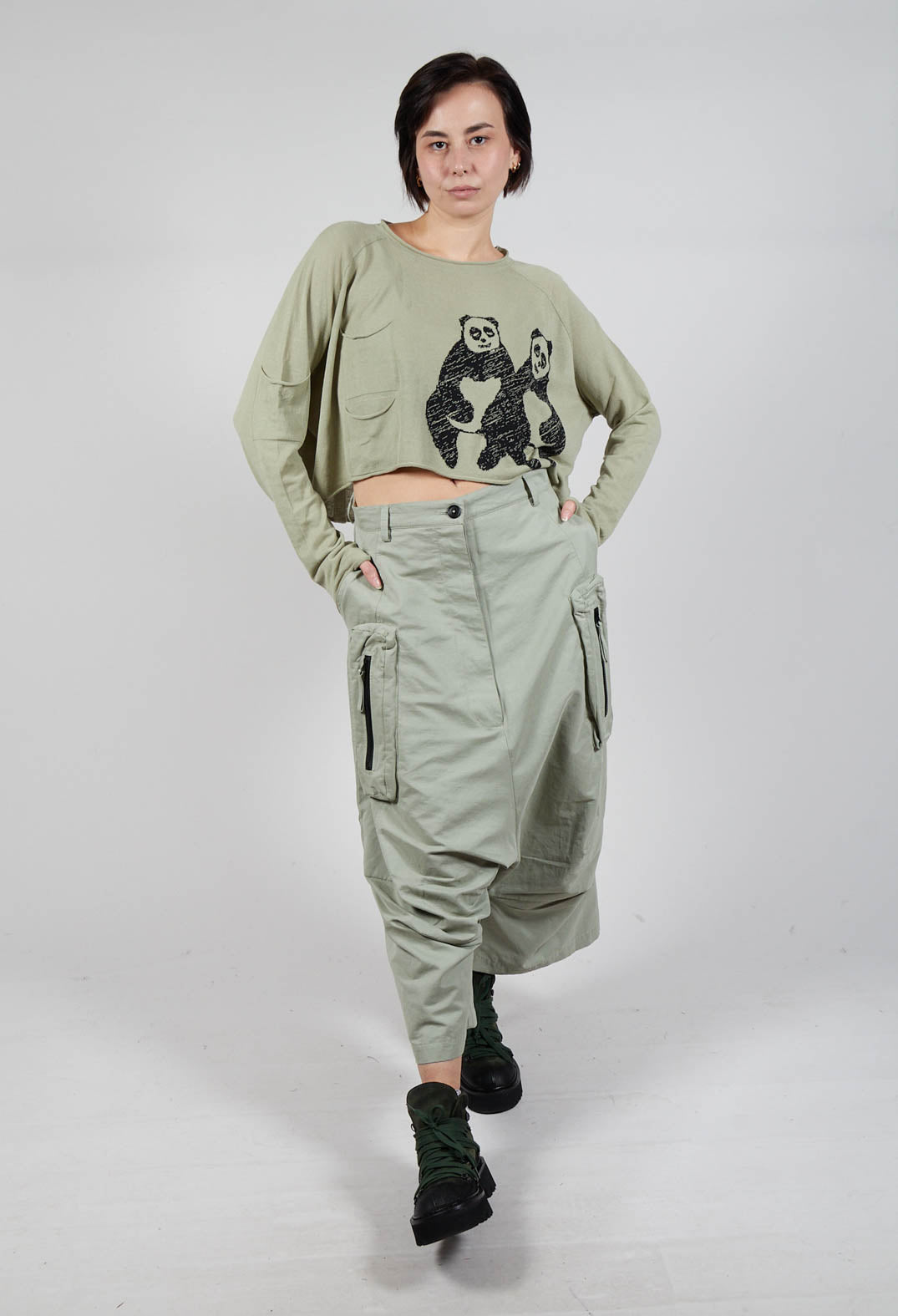 Cargo Style Drop Crotch Trousers in Defender