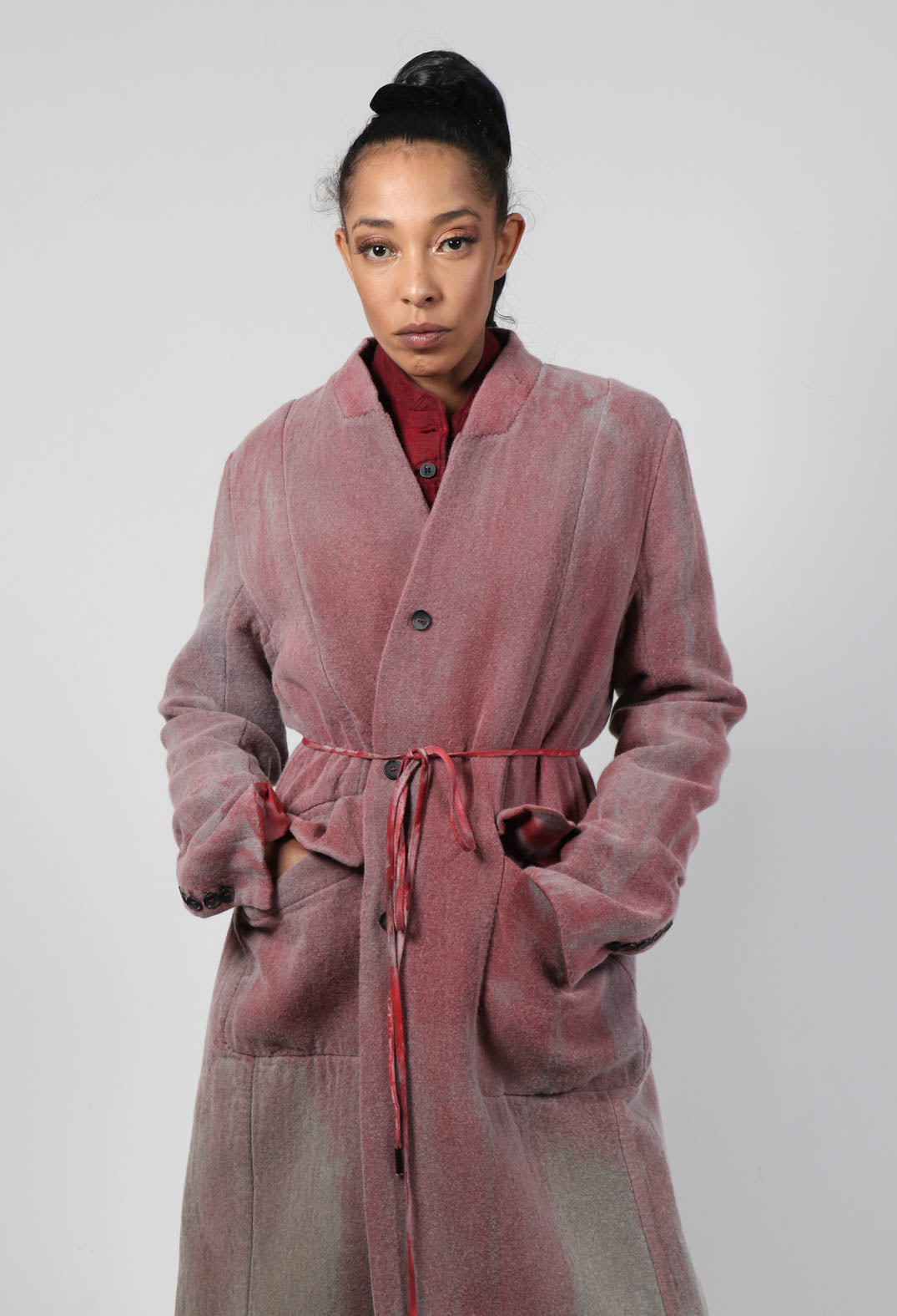 Pink collarless cheap coat