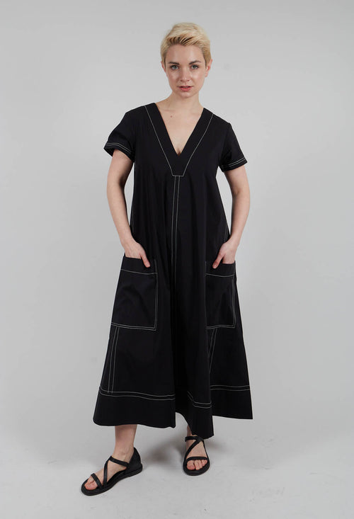 Contrast Stitch Detail Long Dress in Black