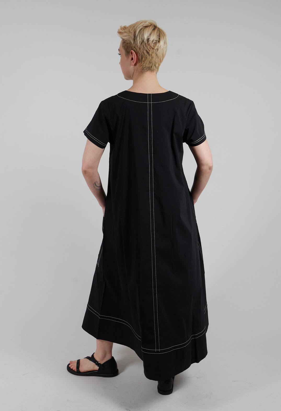 Contrast Stitch Detail Long Dress in Black