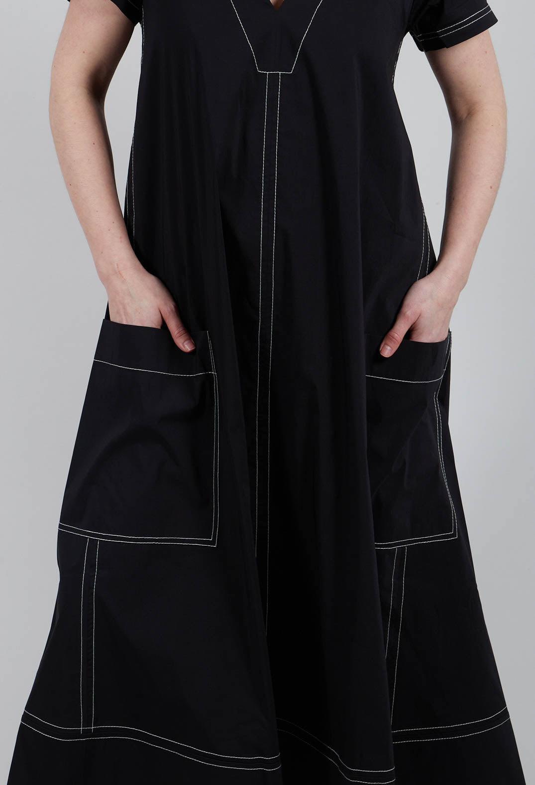 Contrast Stitch Detail Long Dress in Black