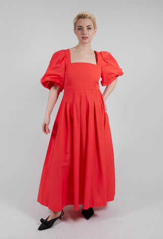 Cotton Poplin Pleated Dress in Lobster Red