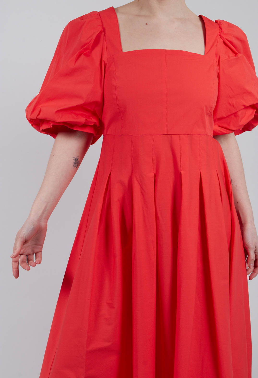 Cotton Poplin Pleated Dress in Lobster Red