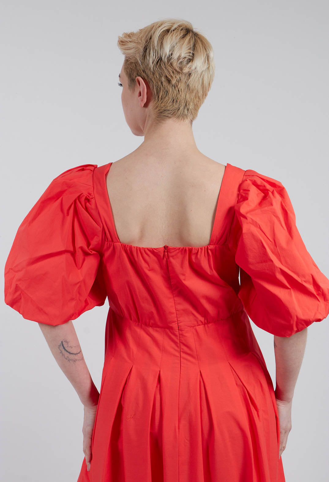 Cotton Poplin Pleated Dress in Lobster Red