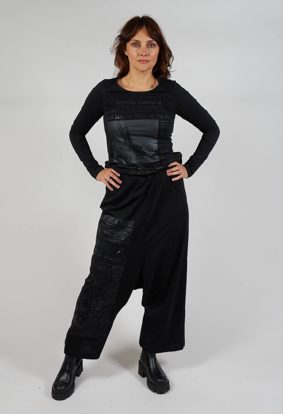 Cotton Wide Leg Trousers in Black Print