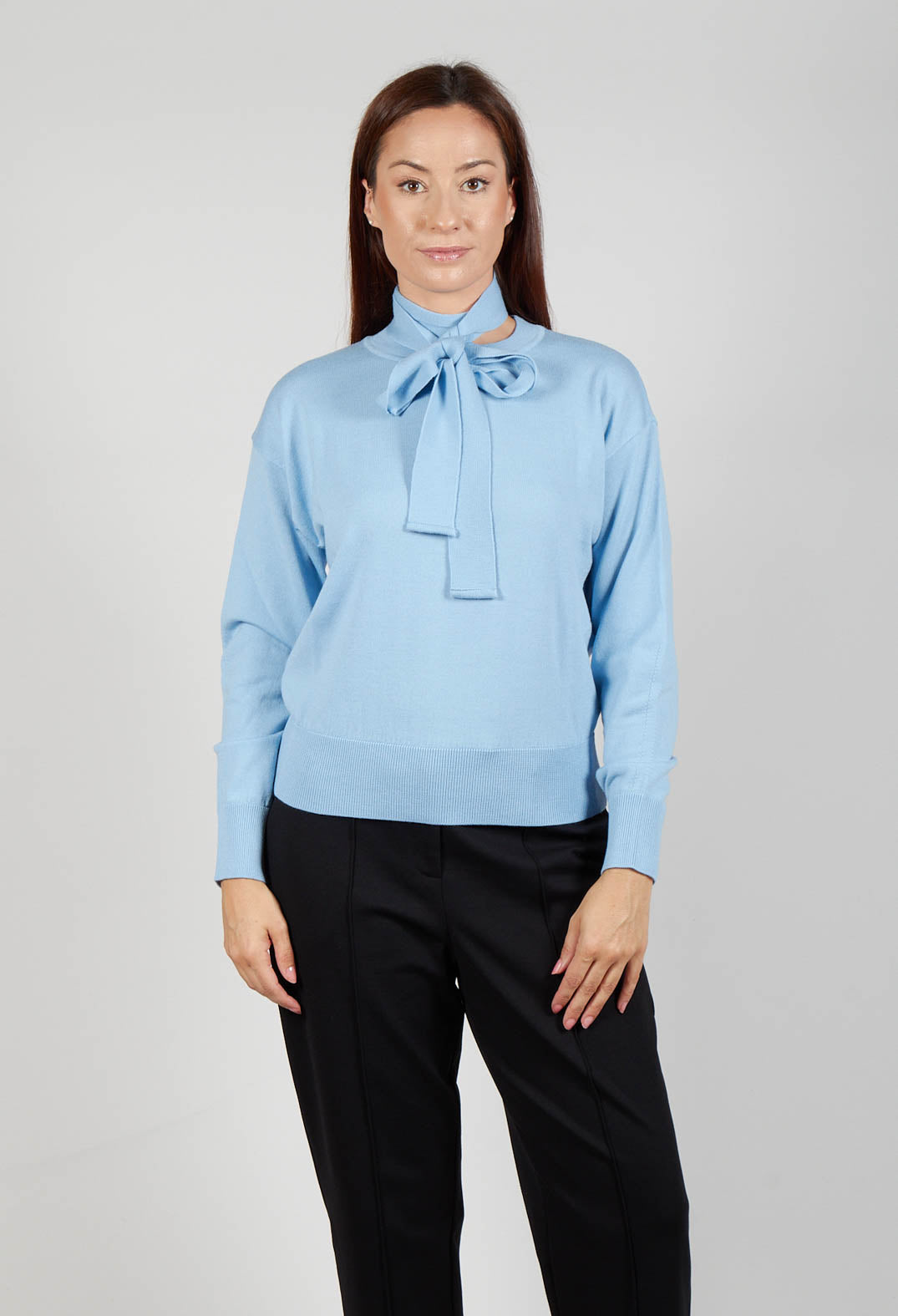 Crew Neck Jumper with Tie Neck in Breeze