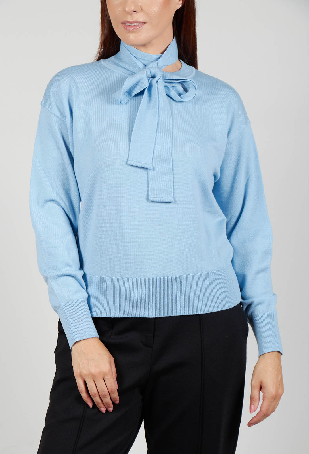 Crew Neck Jumper with Tie Neck in Breeze