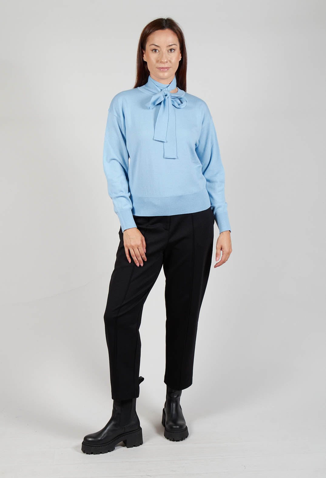 Crew Neck Jumper with Tie Neck in Breeze