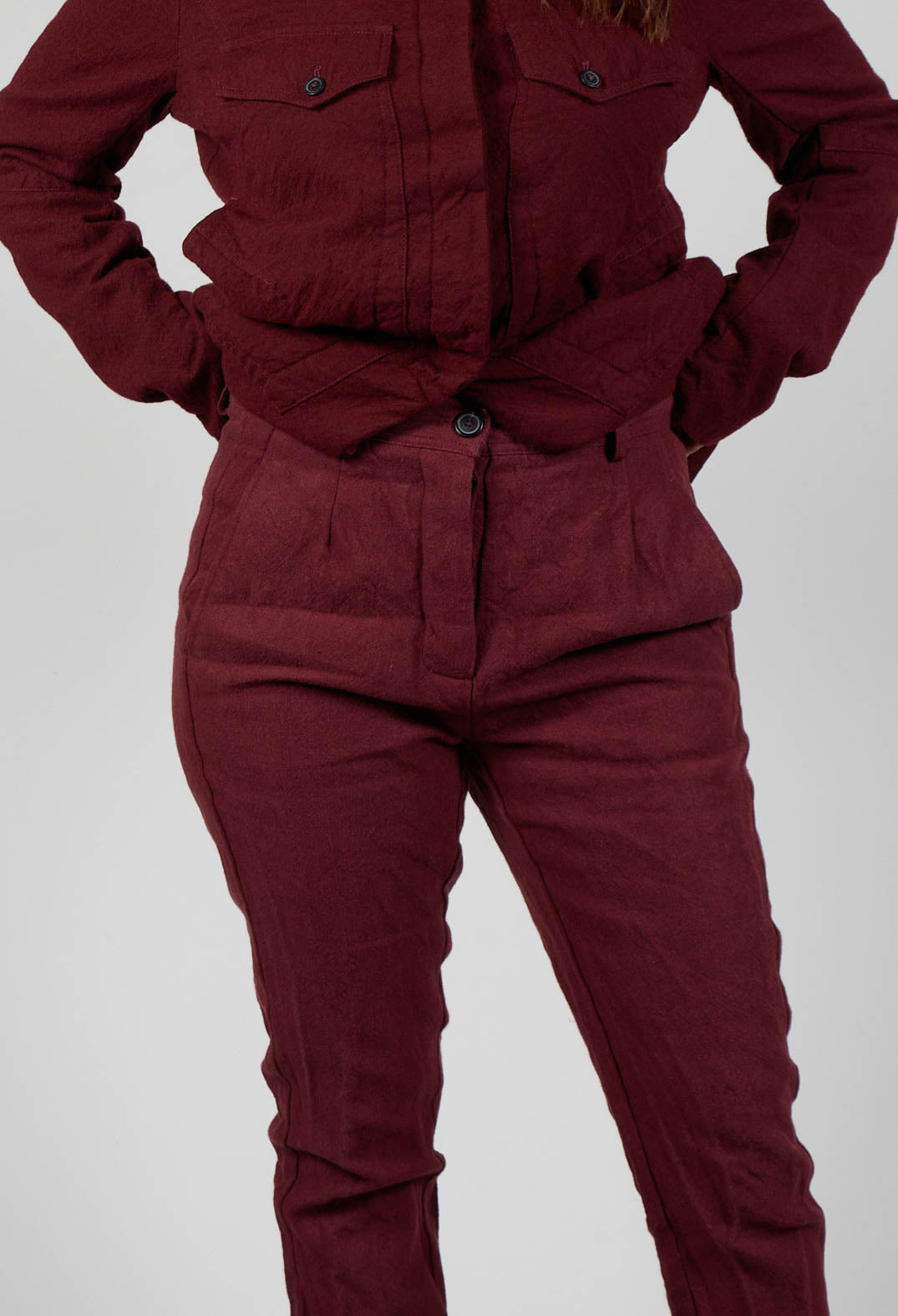 Crinkle Effect Trousers in Merlot Mel