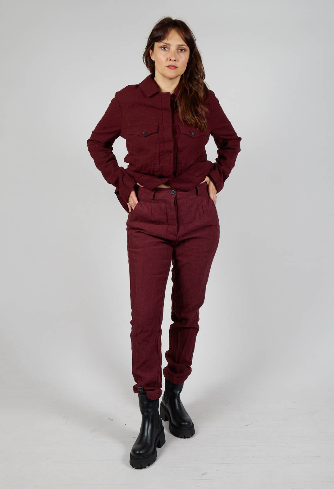 Crinkle Effect Trousers in Merlot Mel