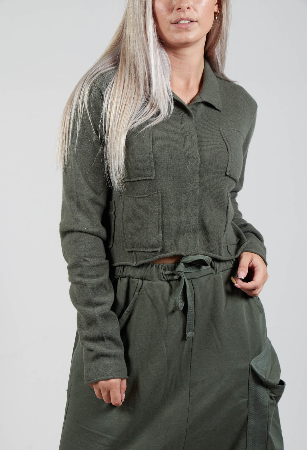 Cropped Cardigan with Patch Pockets in Camp