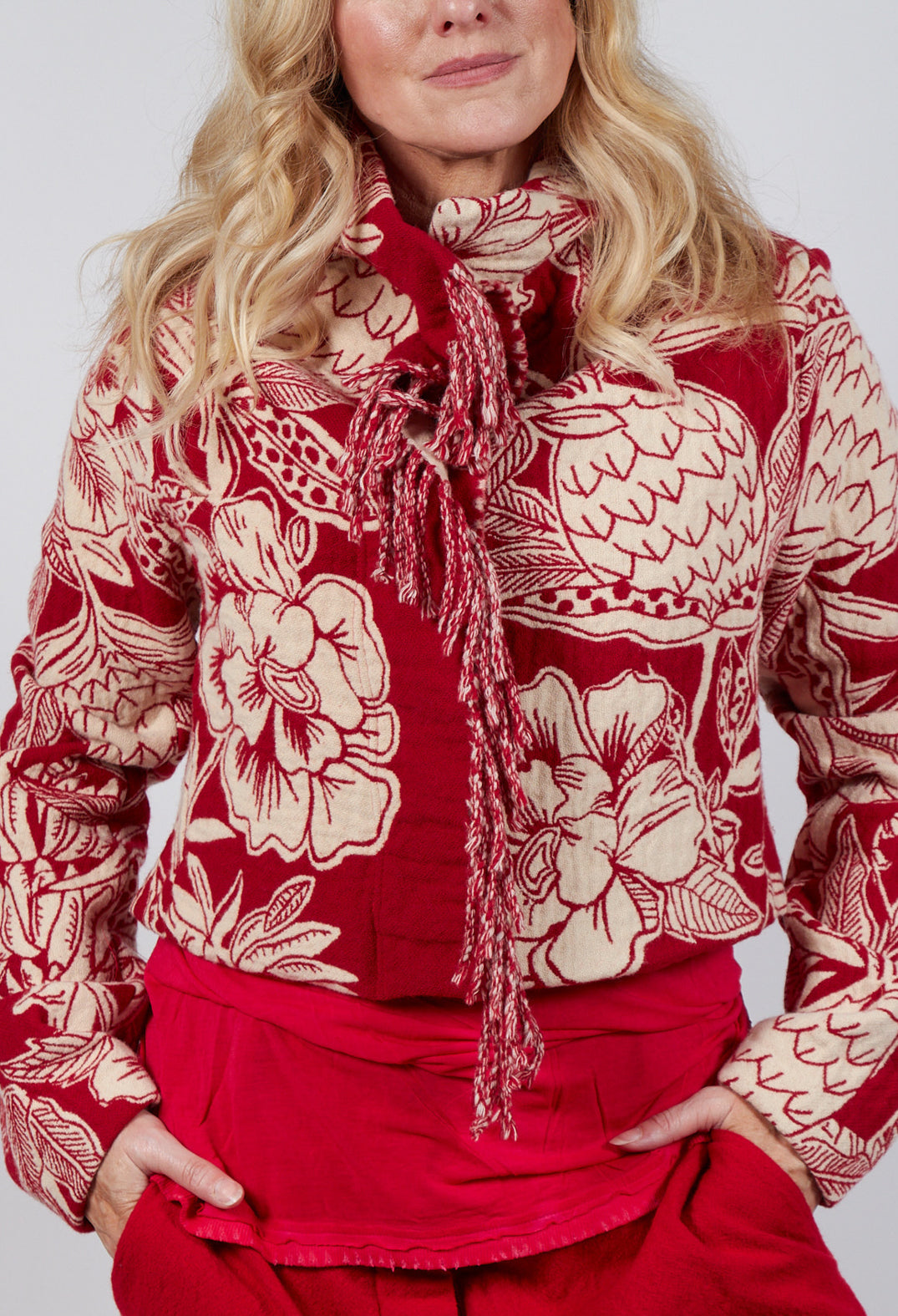 Cropped Fringe Jacket in Cardinal Jacquard