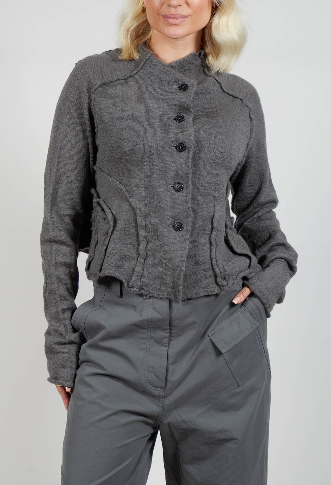 Cropped High Neck Cardigan with Feature Pockets in Rock