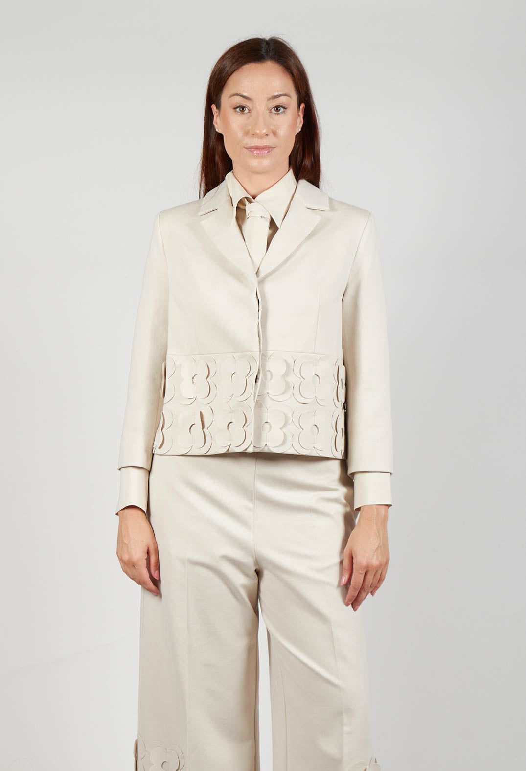 Cropped Jacket with Floral Embellishment in Sandshell