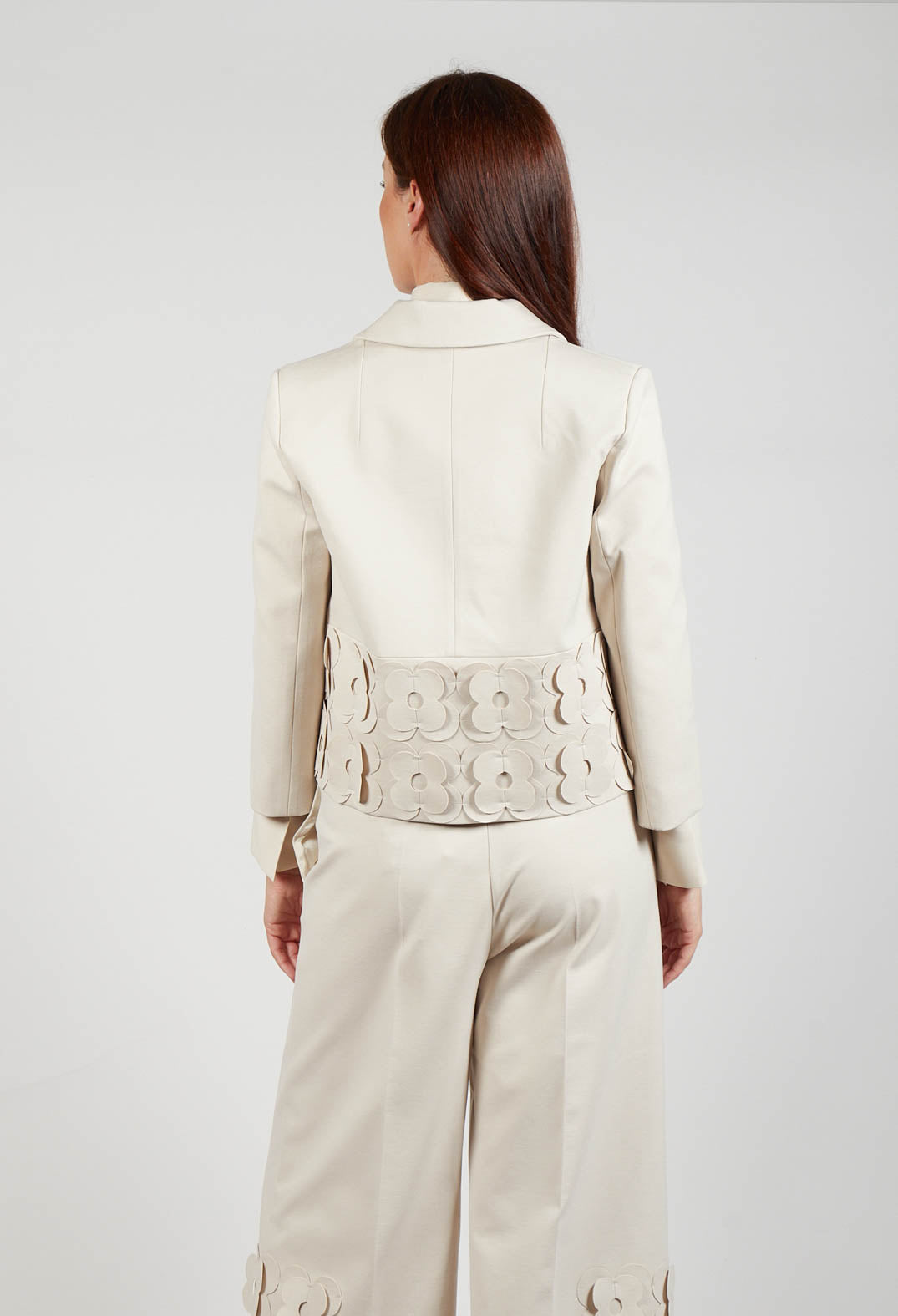 Cropped Jacket with Floral Embellishment in Sandshell