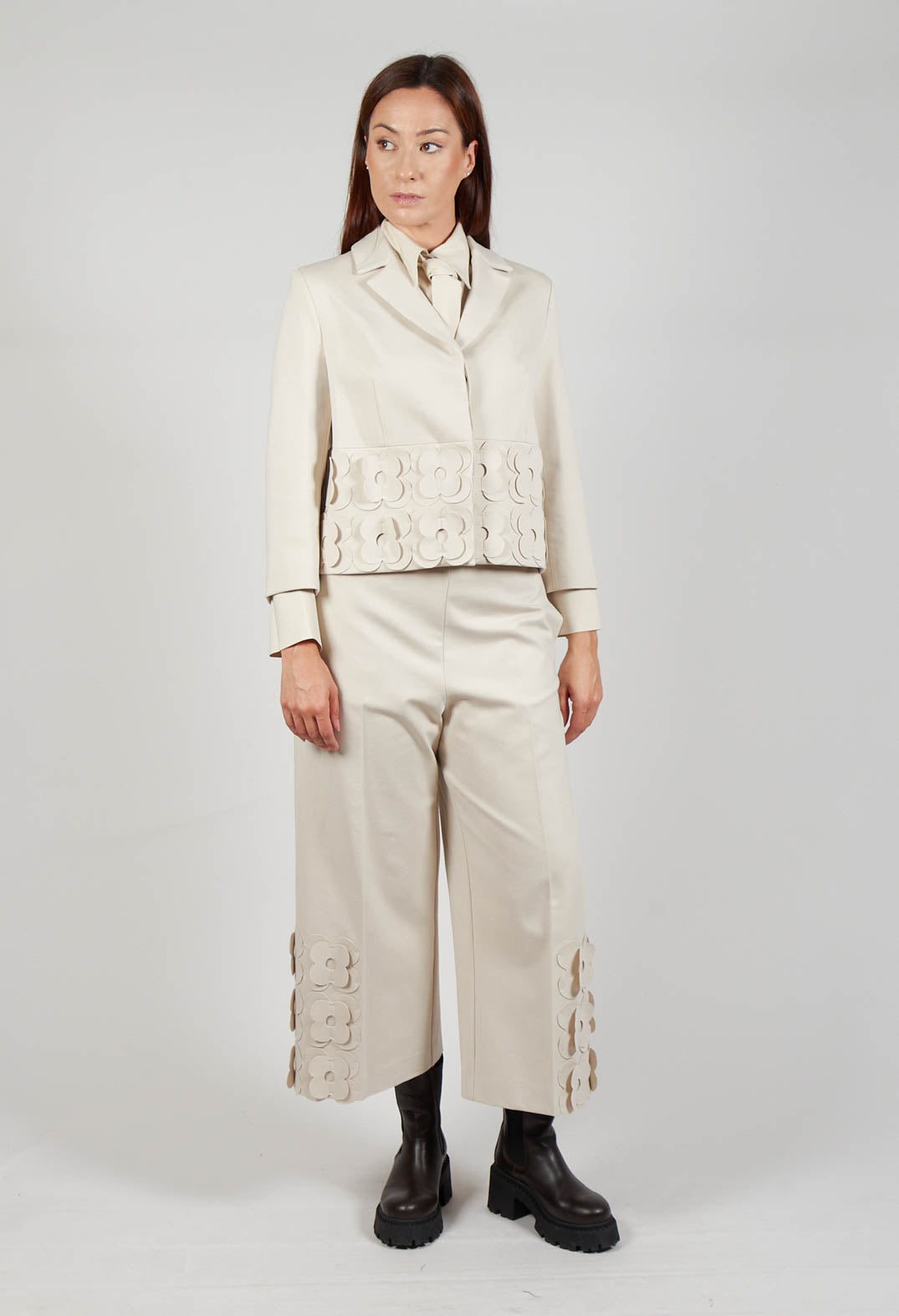 Cropped Jacket with Floral Embellishment in Sandshell