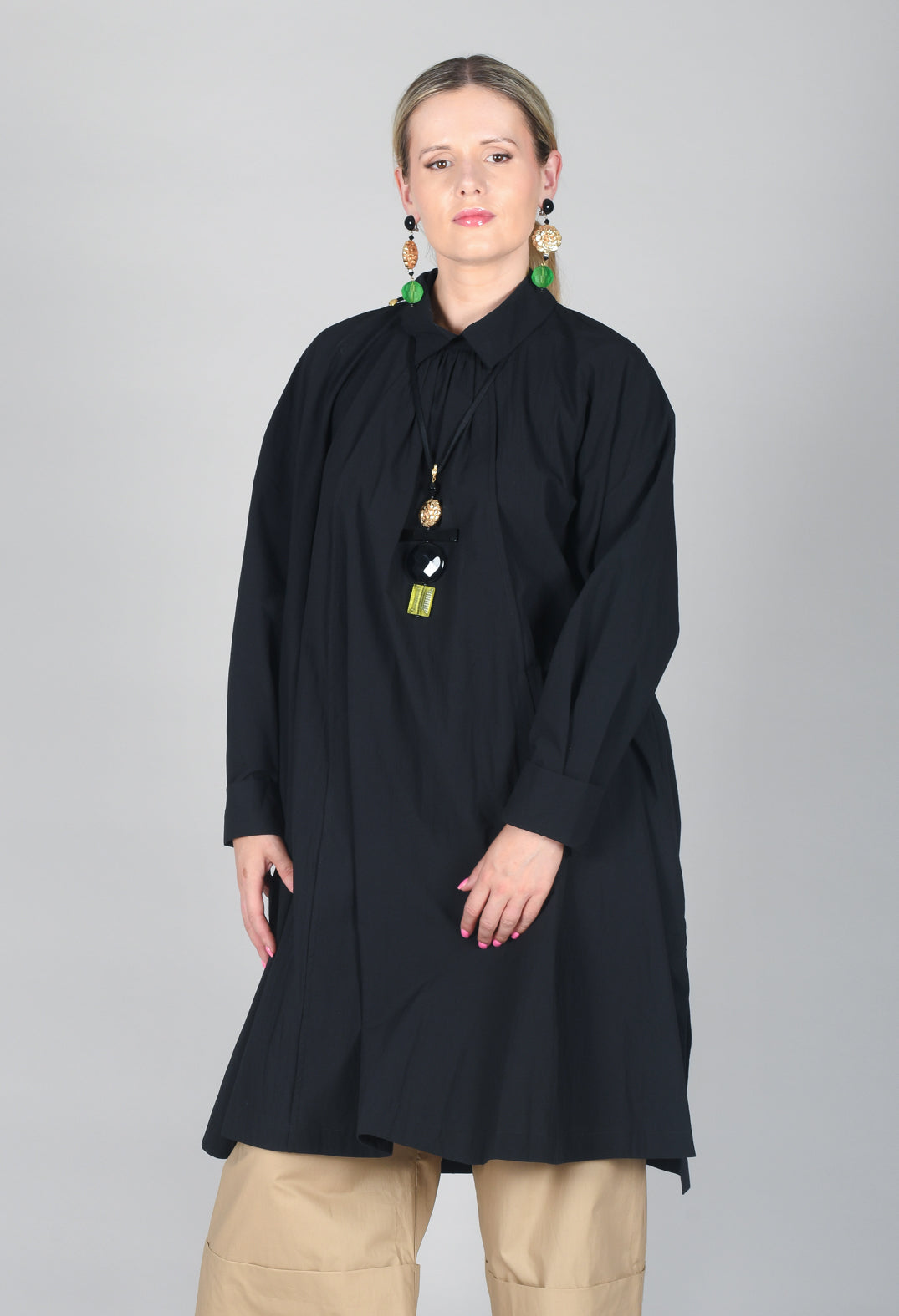 Pleated Neckline Shirt Dress in Black