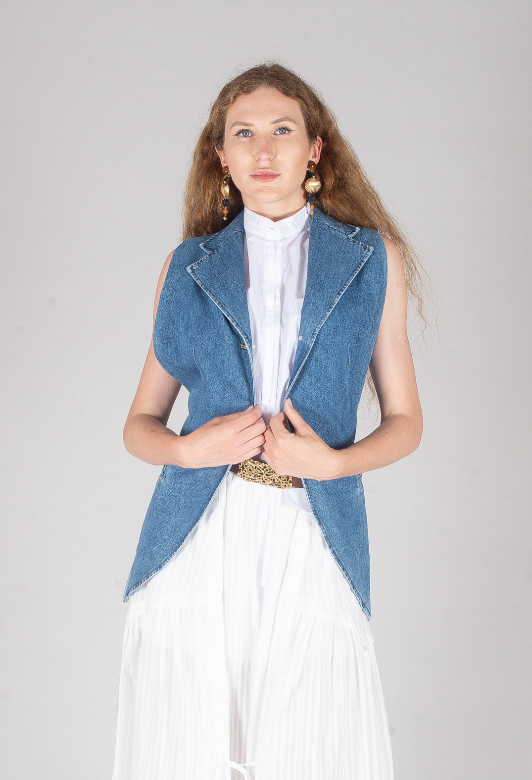 Longline Denim Waistcoat in Celeste