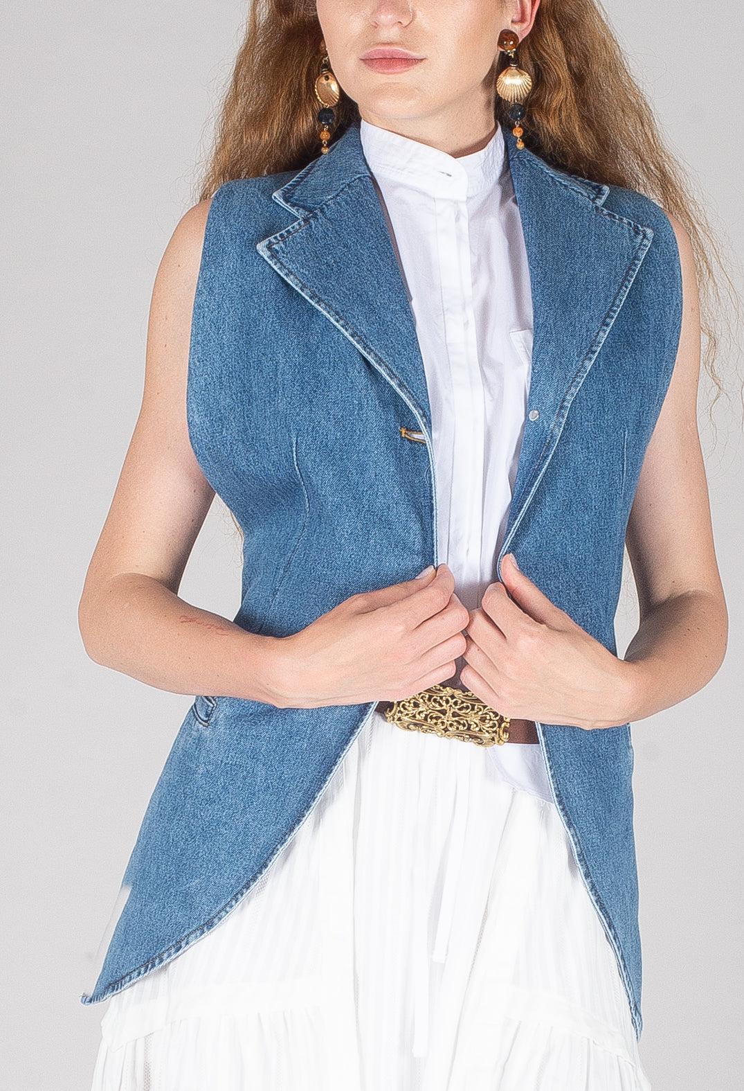 Longline Denim Waistcoat in Celeste