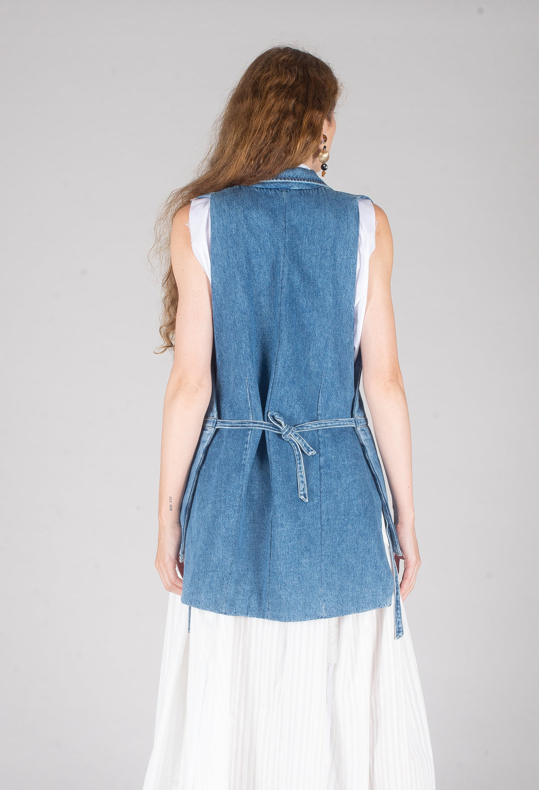 Longline Denim Waistcoat in Celeste