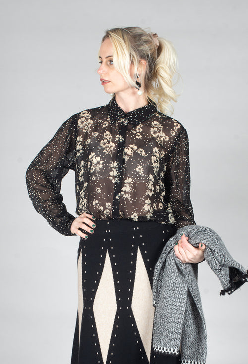 Floral Print Sheer Blouse in Noir