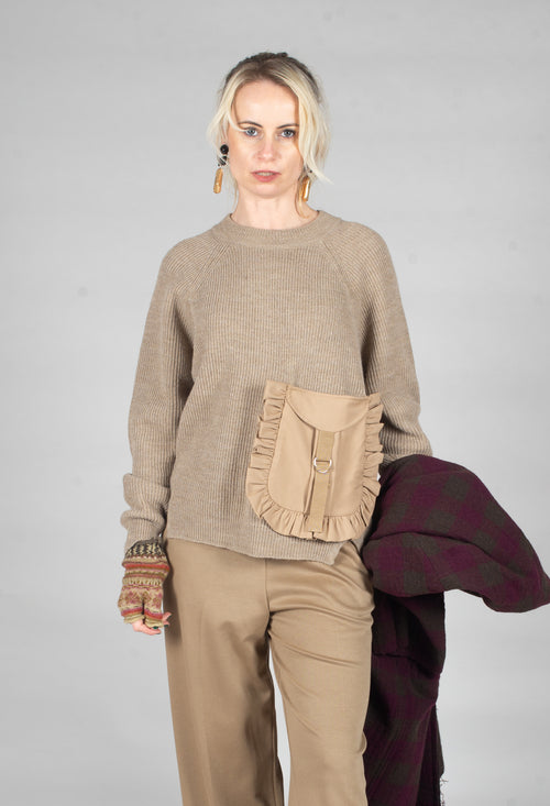 Ribbed Knit Jumper with Feature Pocket in Visone and Camel