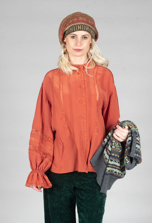 Washed Silk Blend Shirt with Lace in Caramel