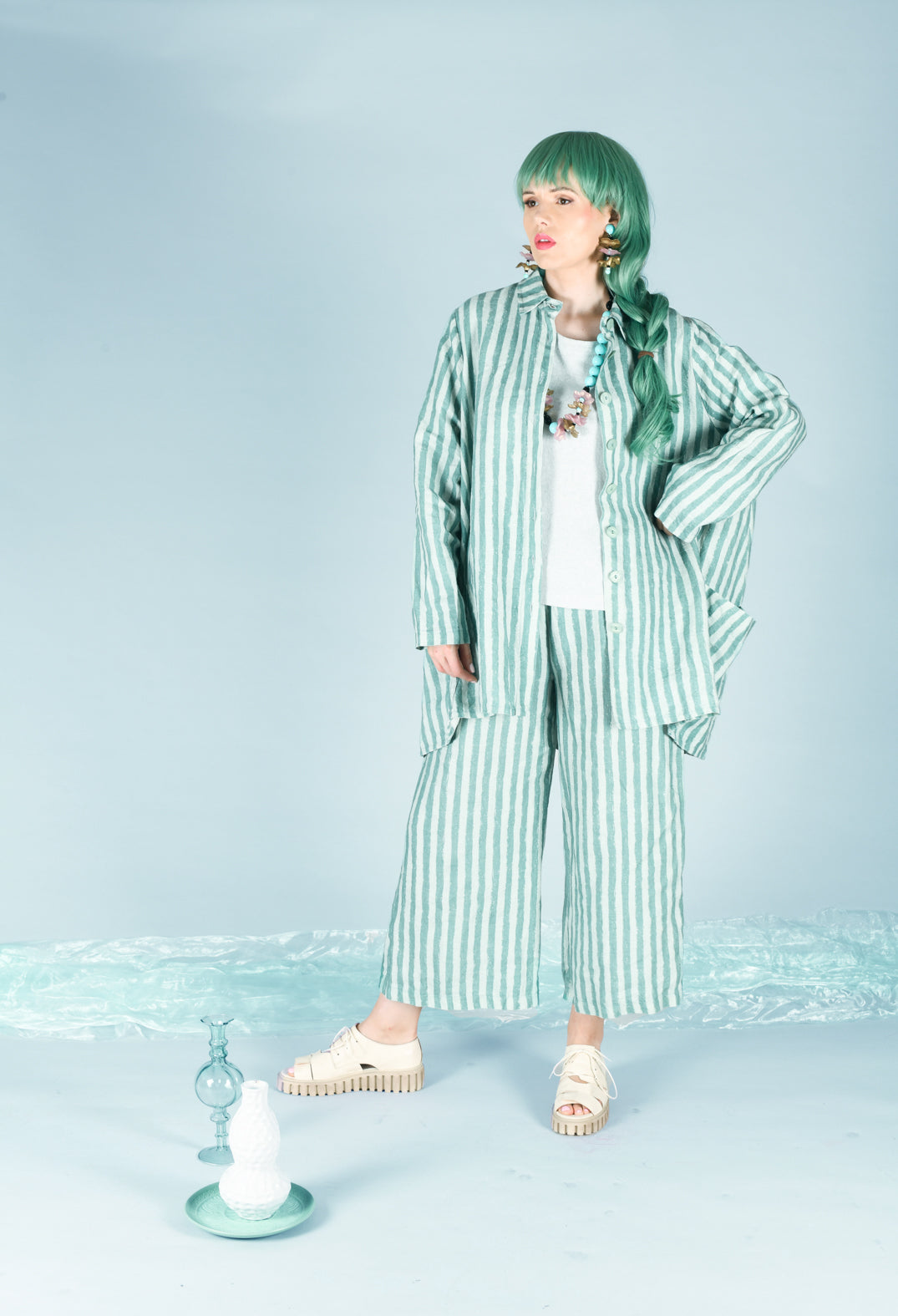 Wide Leg Striped Linen Trousers in Teal