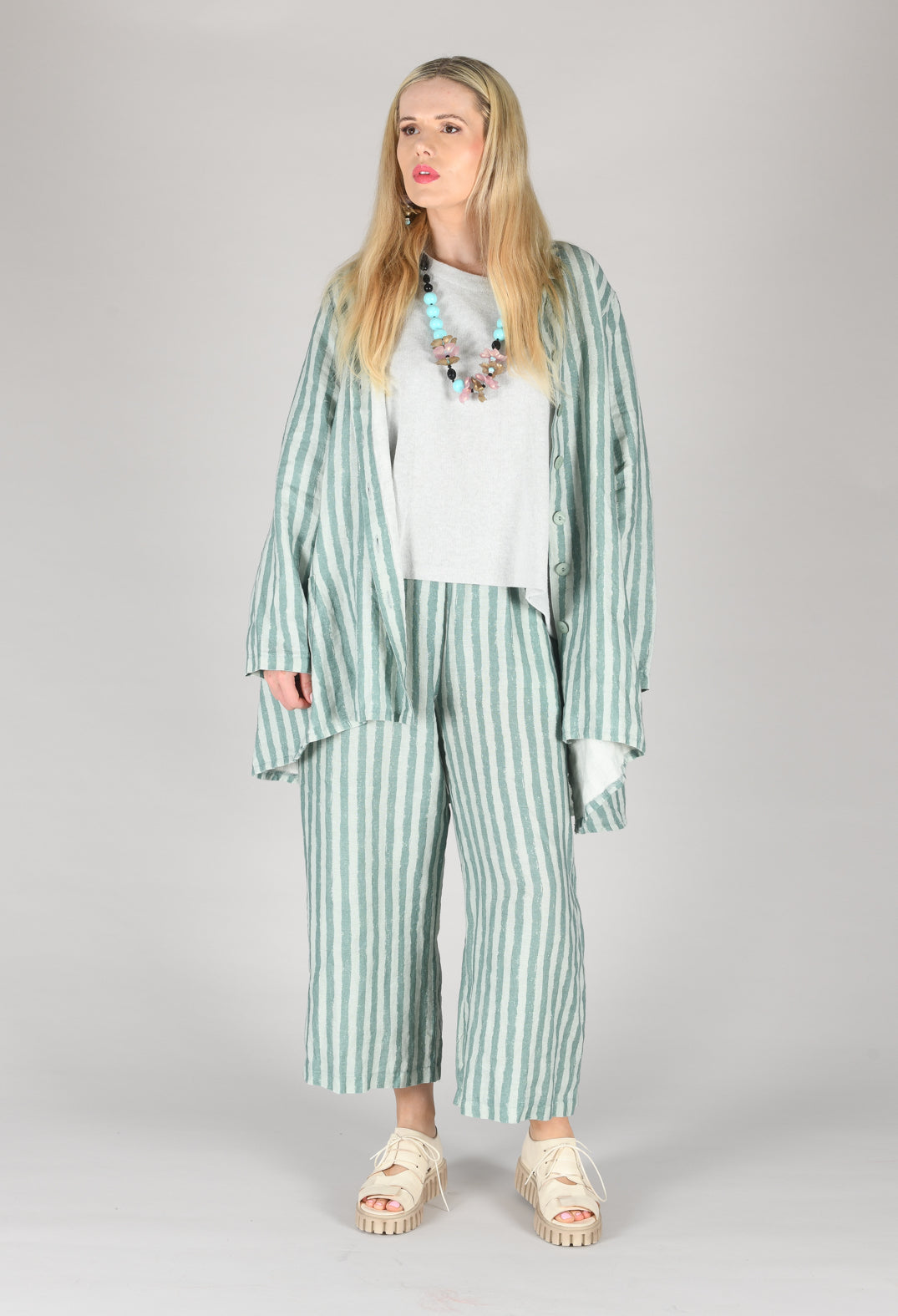 Wide Leg Striped Linen Trousers in Teal