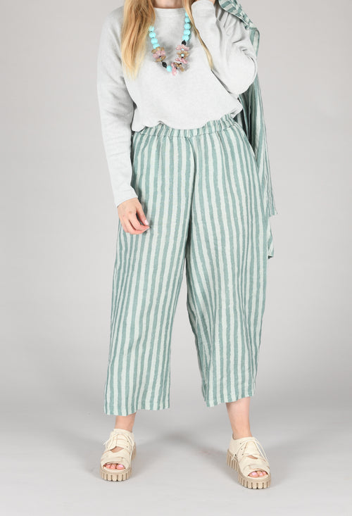 Wide Leg Striped Linen Trousers in Teal