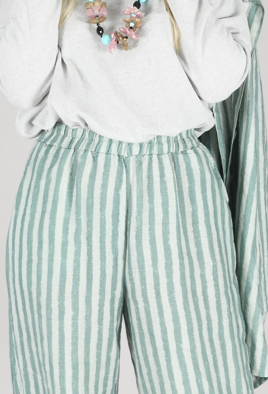 Wide Leg Striped Linen Trousers in Teal