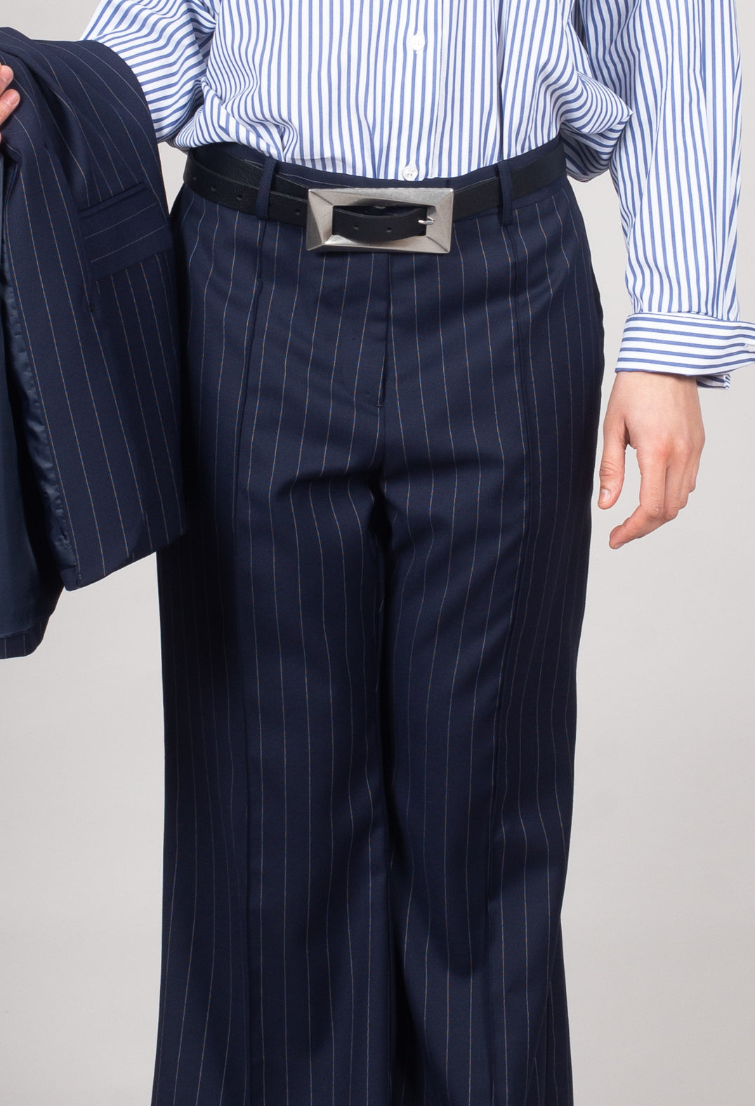 Flared Leg Tailored Trousers in Gessato Blue Nights