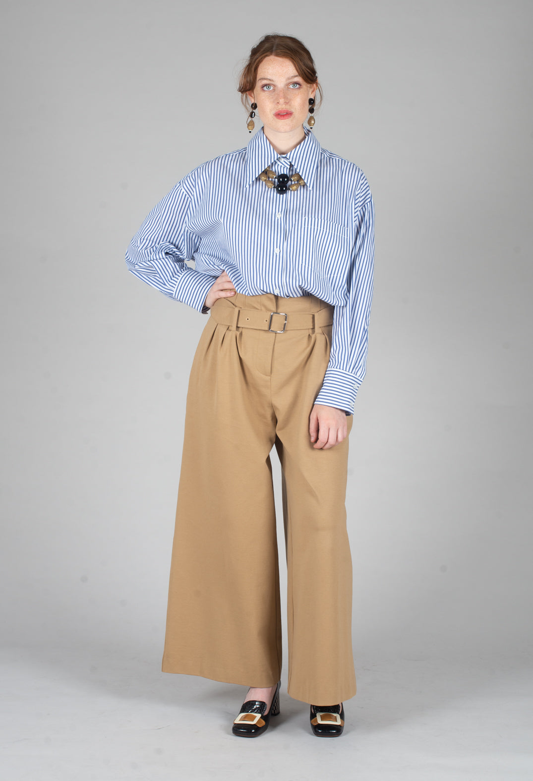 Jersey Wide Leg Trousers with Belt in Camel