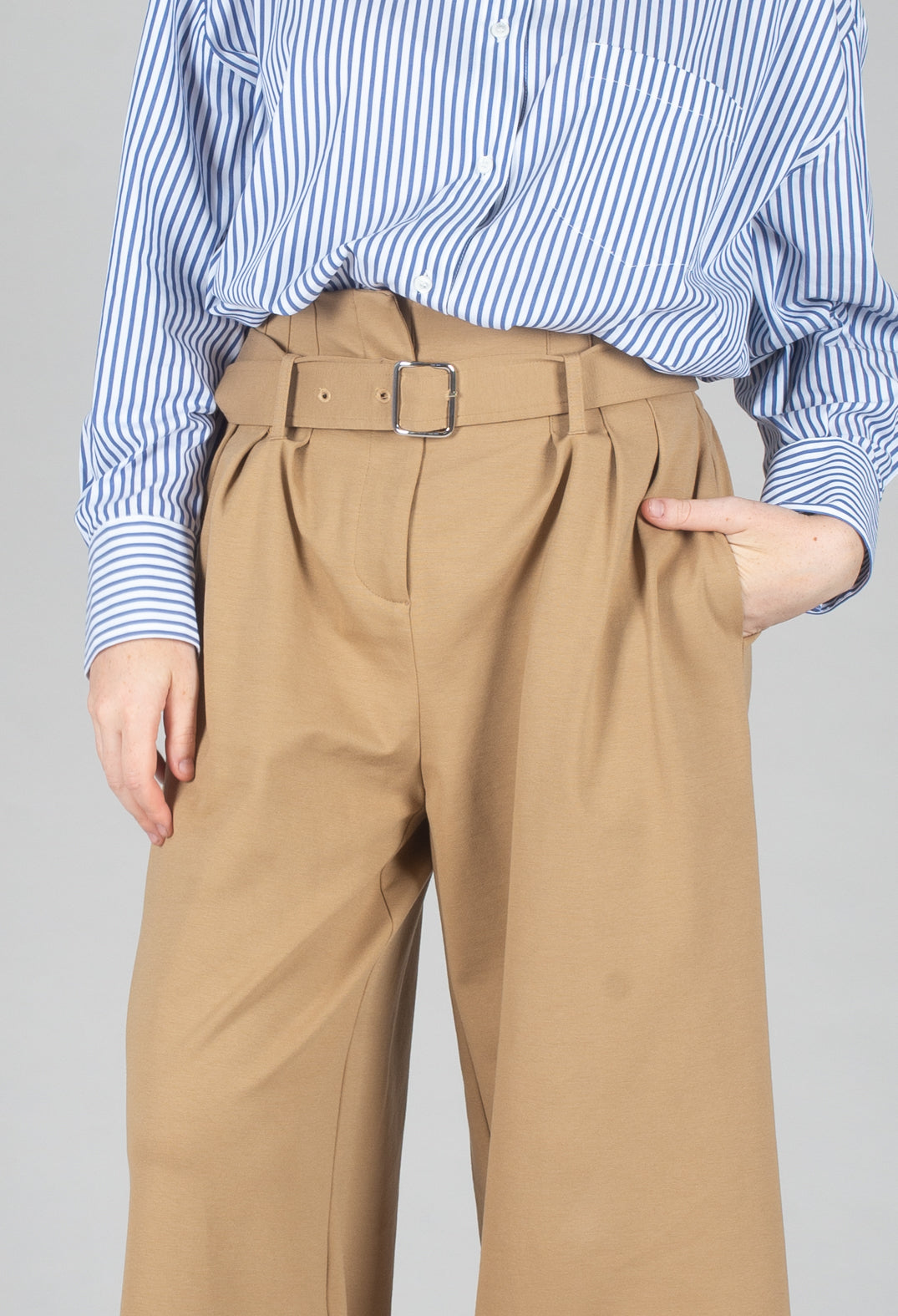 Jersey Wide Leg Trousers with Belt in Camel