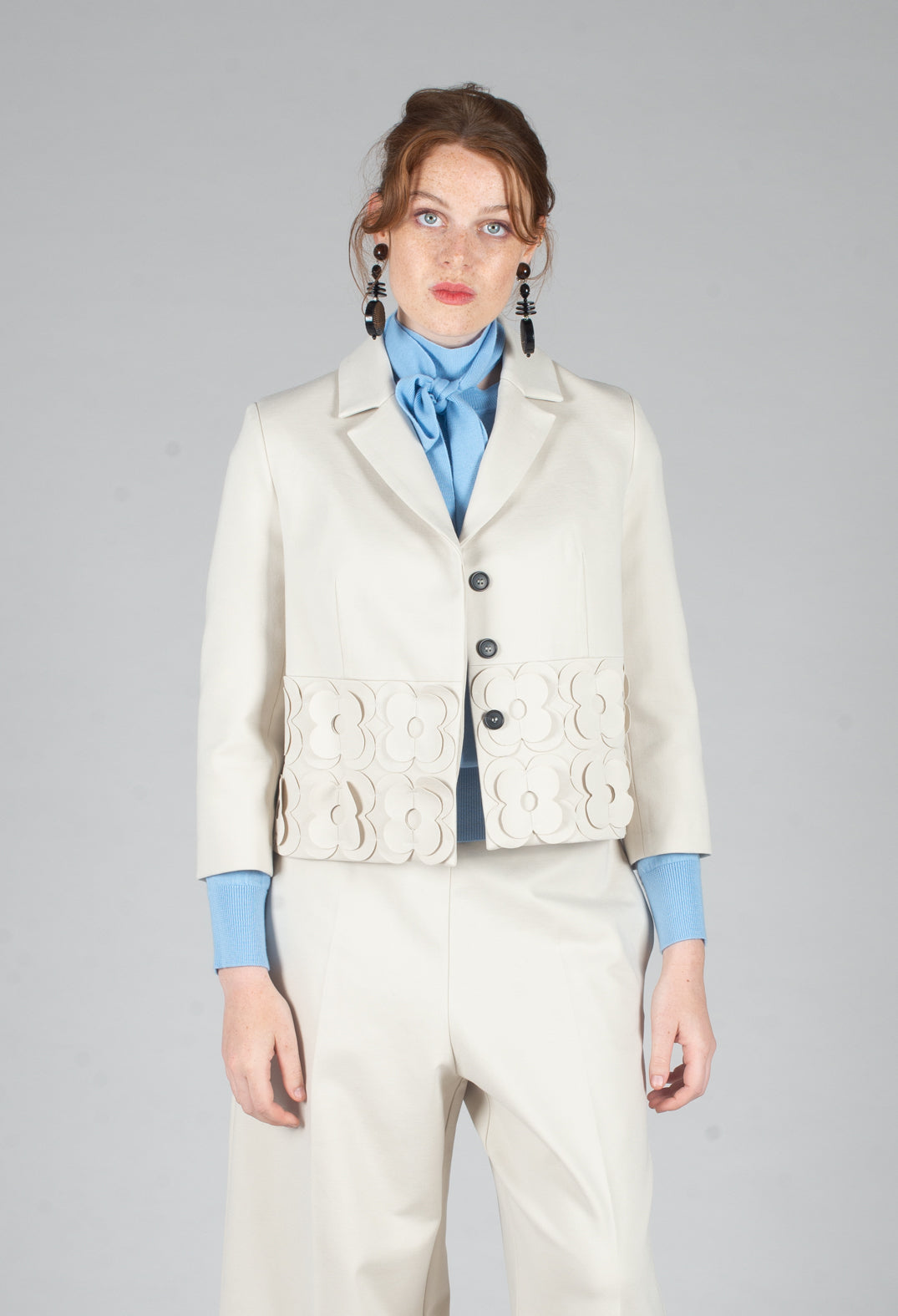 Cropped Jacket with Floral Embellishment in Sandshell