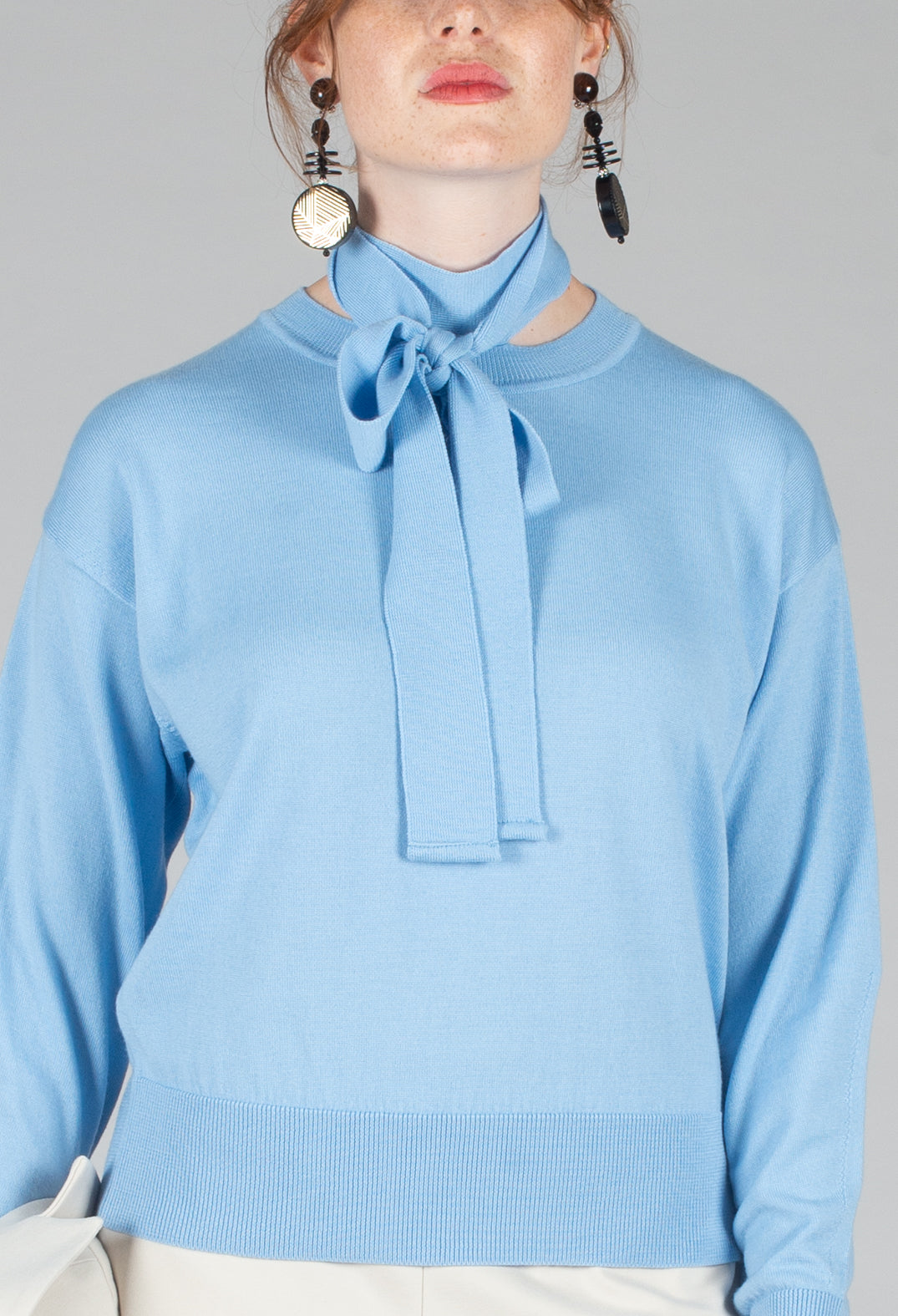 Crew Neck Jumper with Tie Neck in Breeze