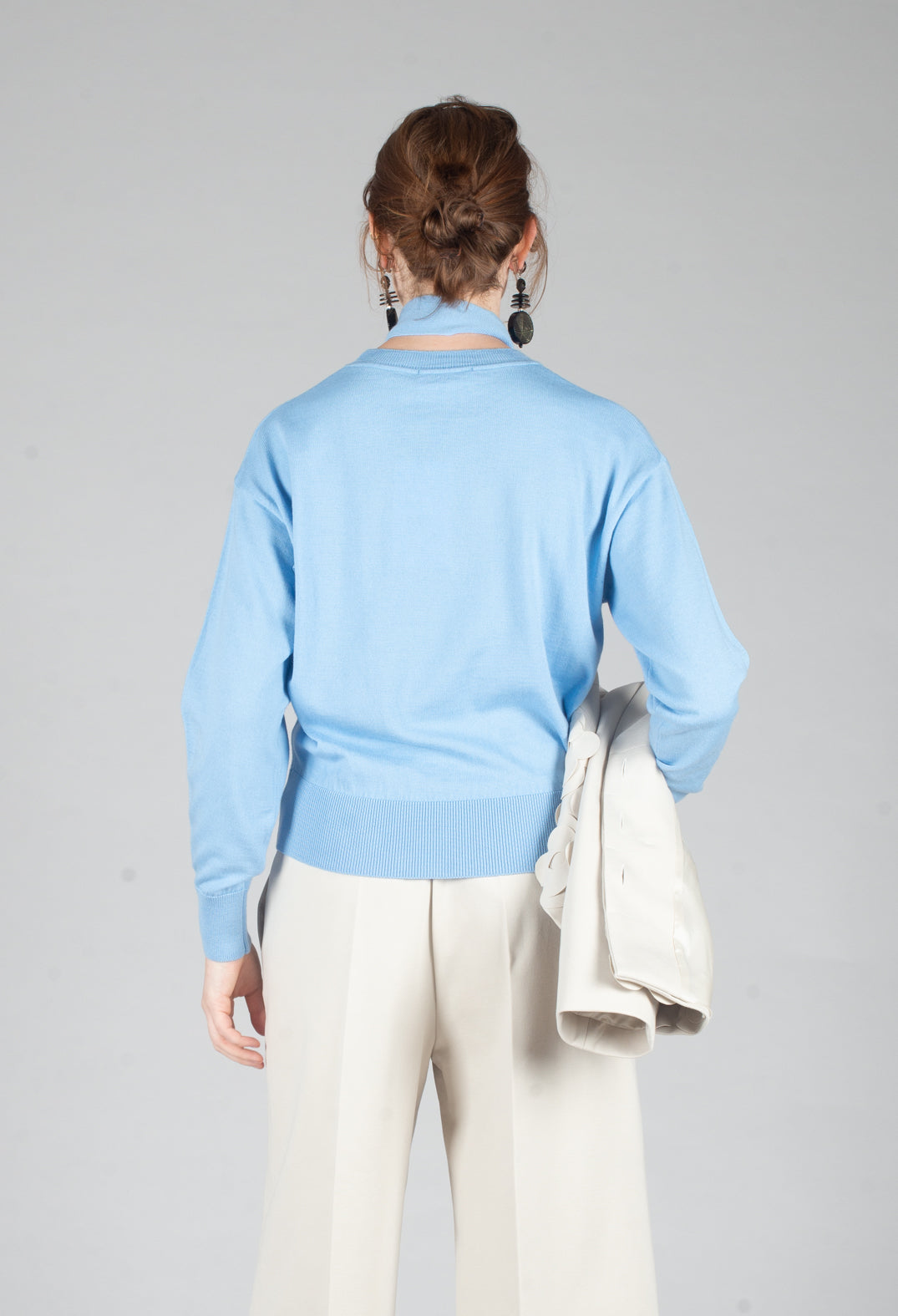 Crew Neck Jumper with Tie Neck in Breeze