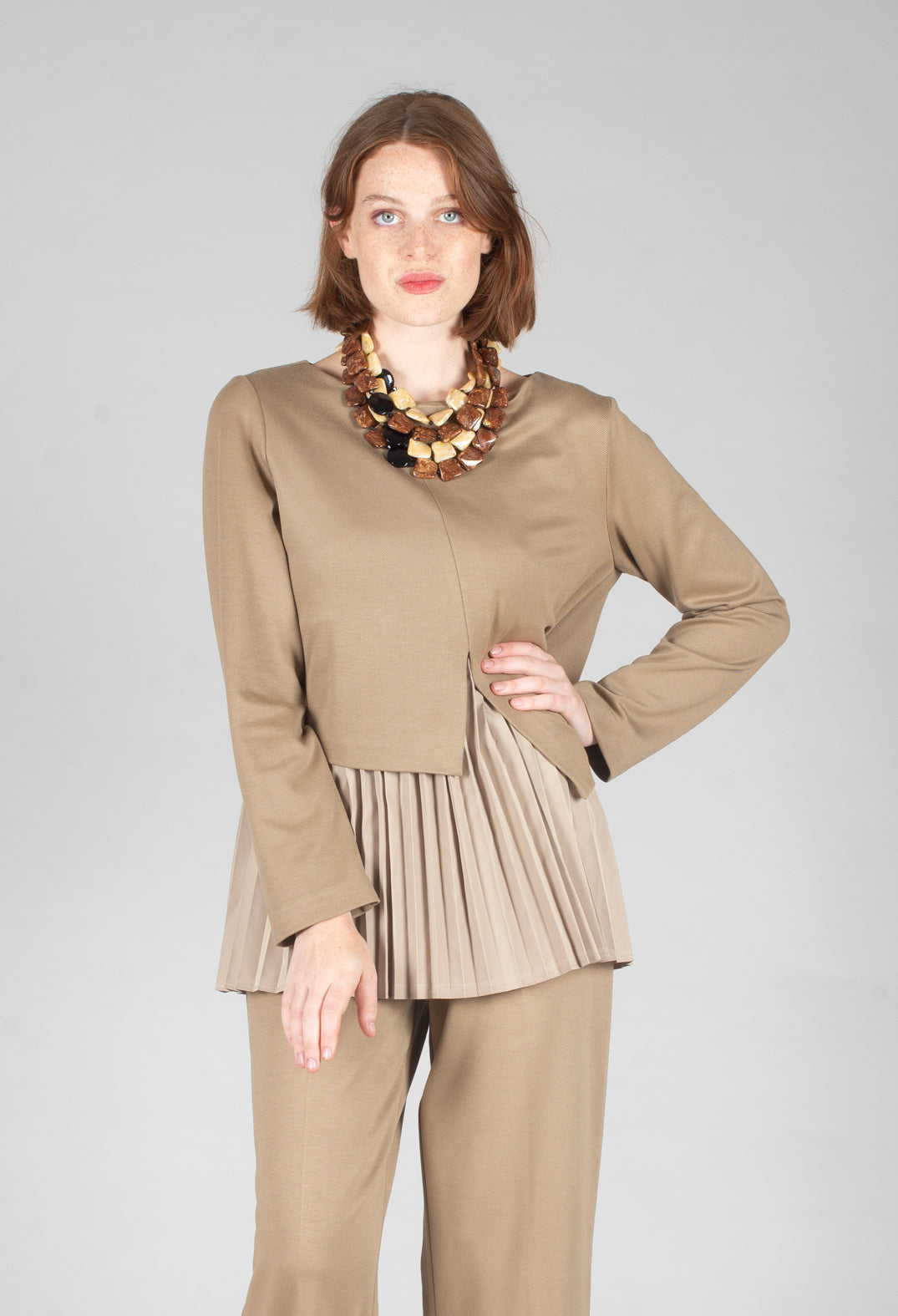 Pleated Top with Overlay in Caramel