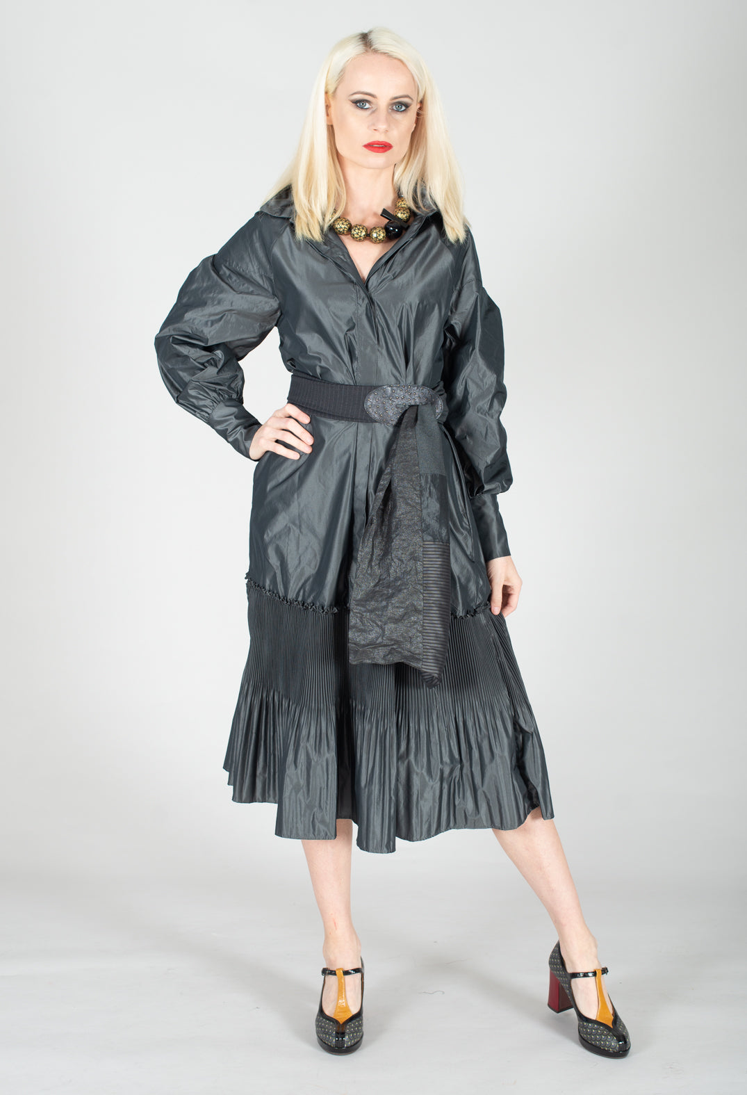 Taffeta Button Through Dress in Anthracite