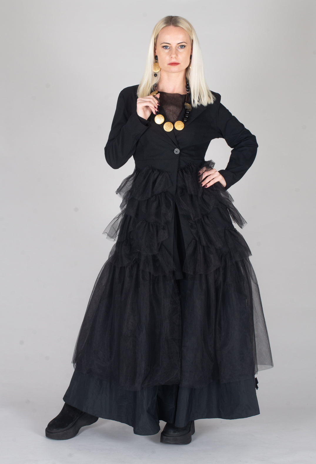 Longline Tulle Coat in Black