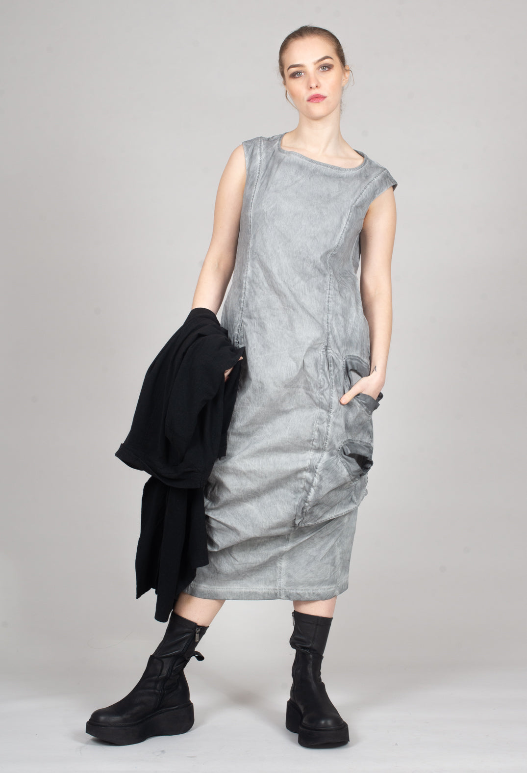 Dress with Bleached Stitching in Pencil Cloud