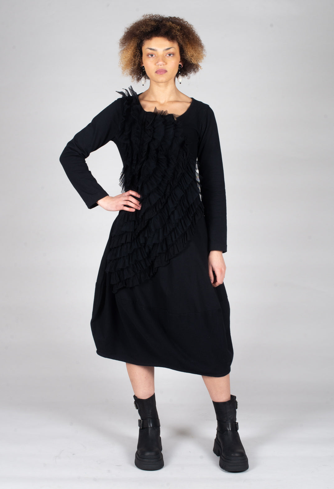 Mesh Ruffle Dress in Black