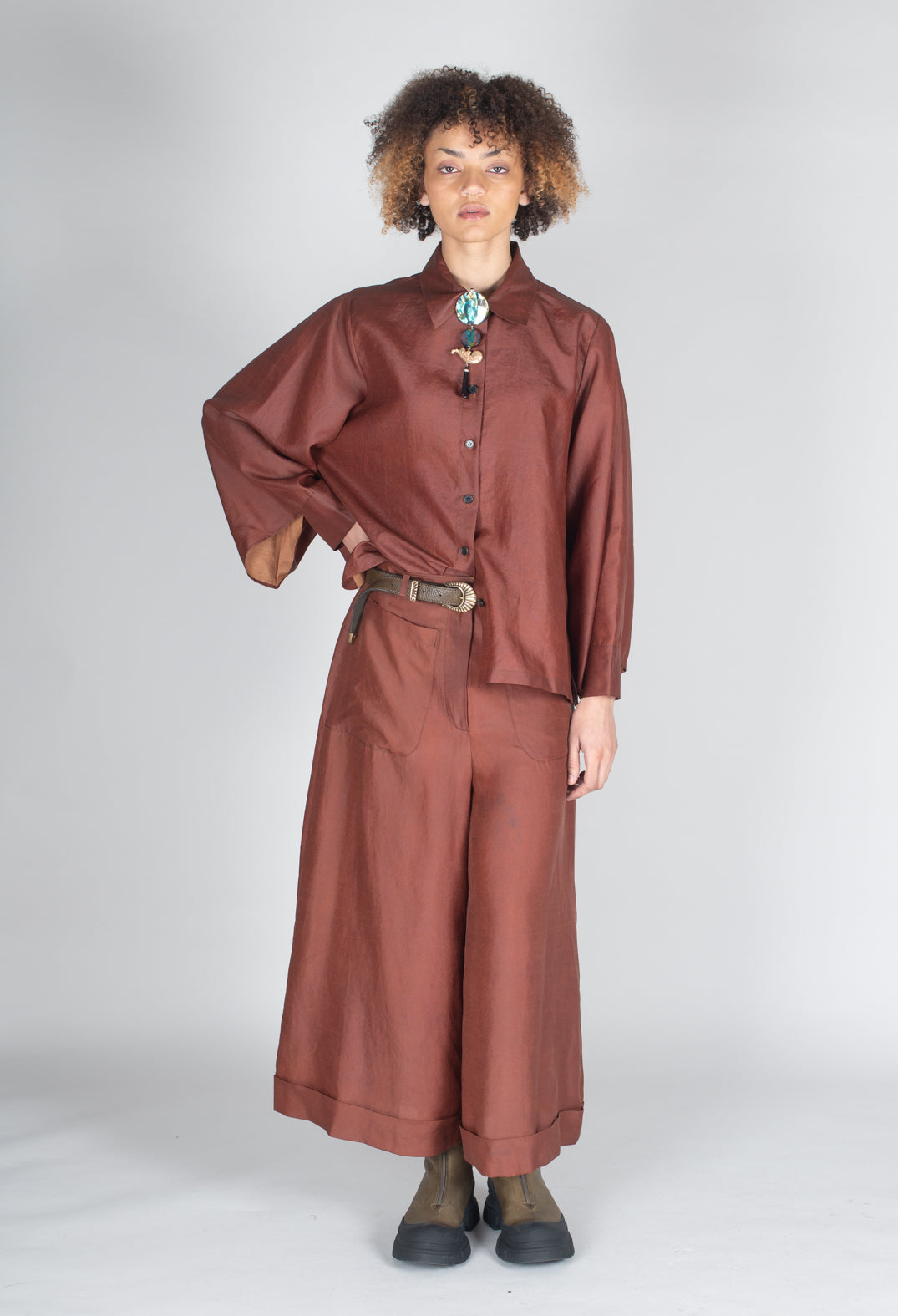 Pleated Silk Trousers in Copper