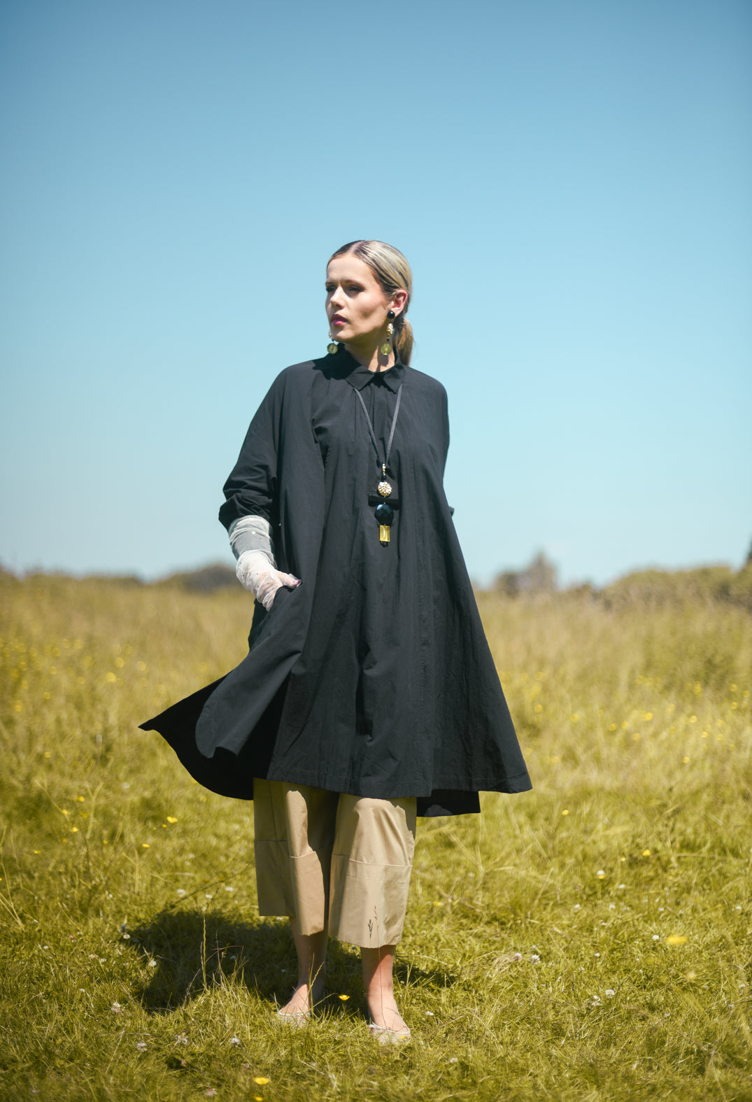 Pleated Neckline Shirt Dress in Black